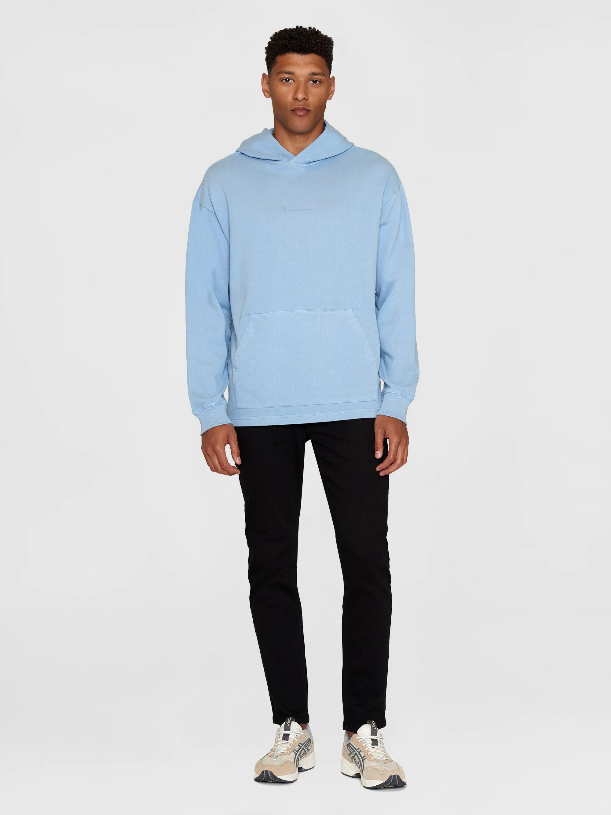 Loose fit hood sweat with logo chest print - GOTS/Vegan - Asley Blue