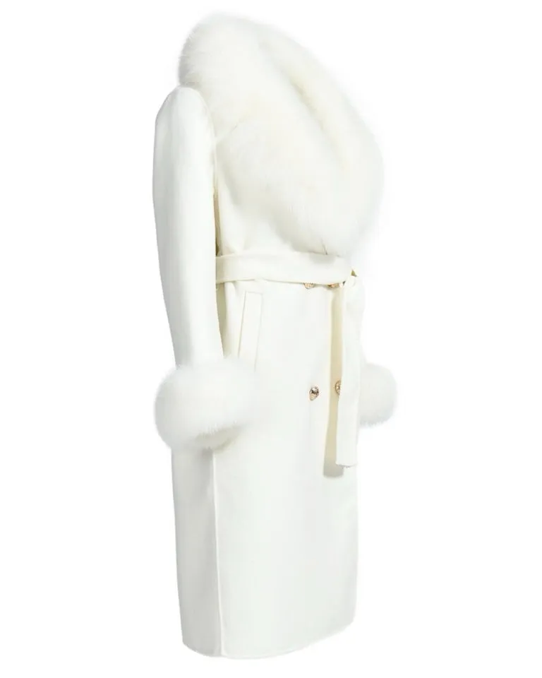 LORINA White Cashmere Midi Coat with Fox Fur