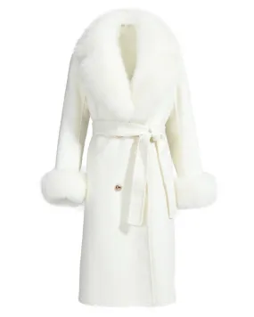 LORINA White Cashmere Midi Coat with Fox Fur