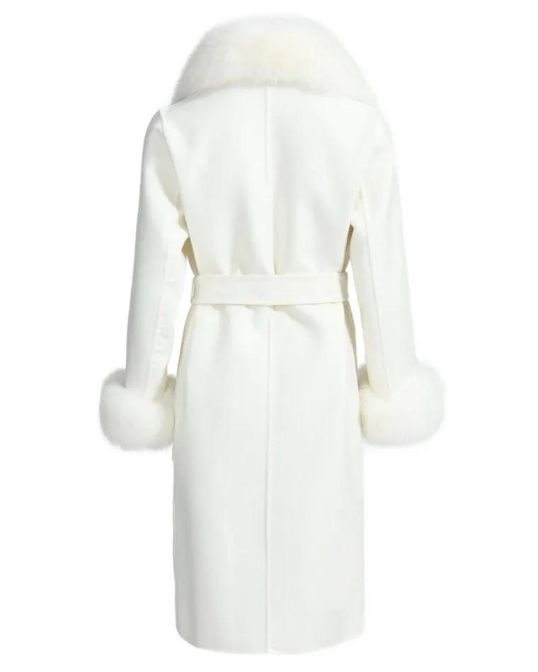 LORINA White Cashmere Midi Coat with Fox Fur