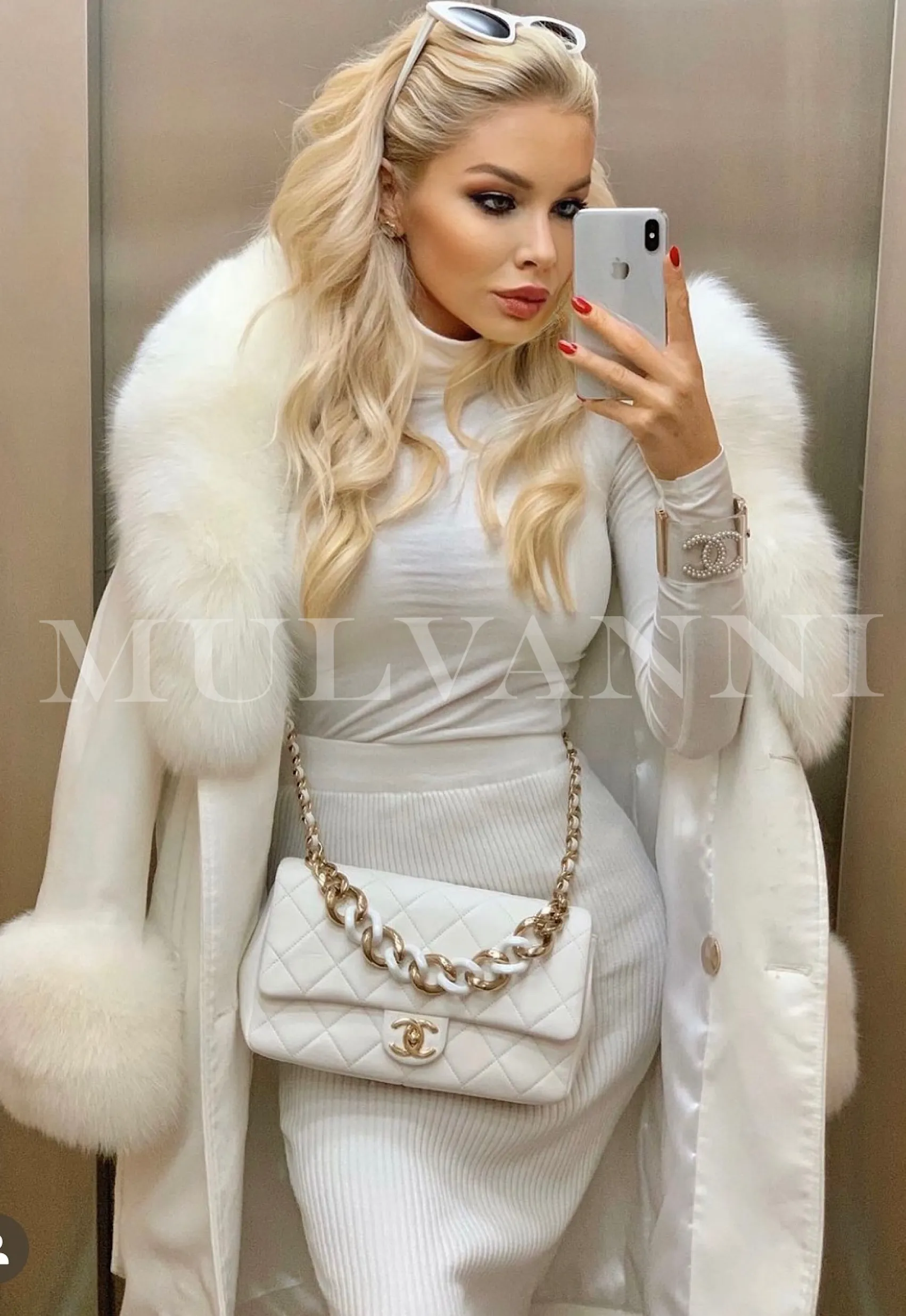 LORINA White Cashmere Midi Coat with Fox Fur