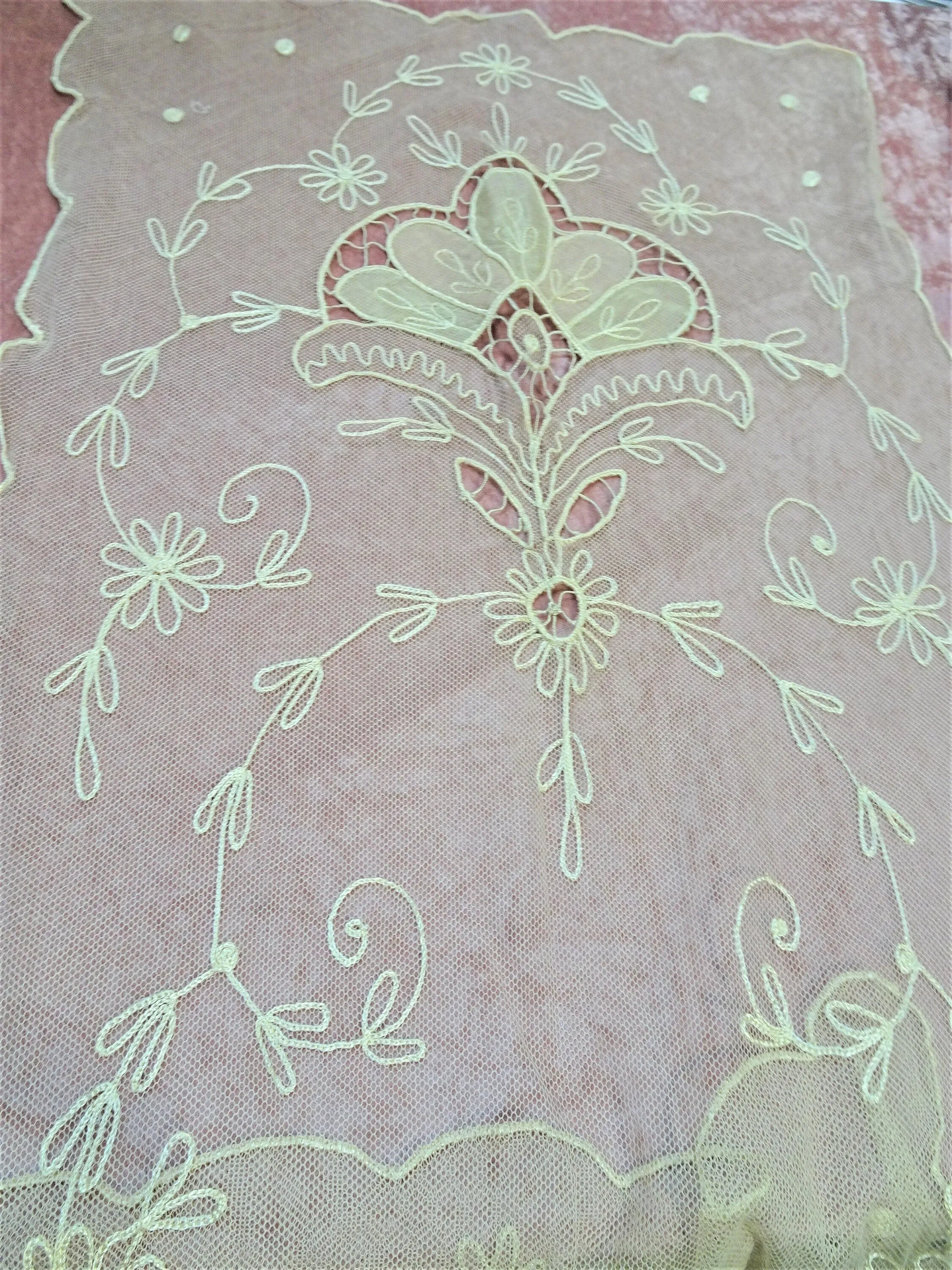 LOVELY 20s French Netted Tulle Lace, Lace Centerpiece,Lace Runner Scarf ,Tambour Work ,Pastel Appliques, French Chateau Decor,French Lace