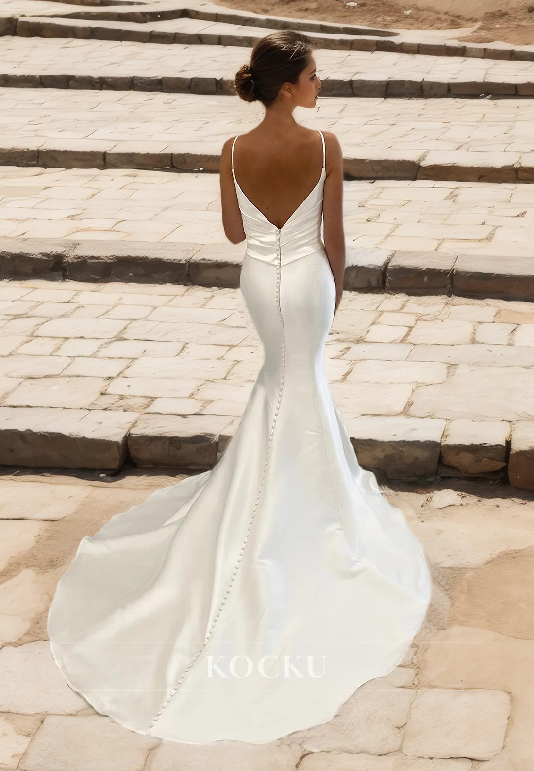 Low V-Neck Sheath Spaghetti Straps Ruched Brush Train Satin Wedding Dress with Pleats Bridal Gowns