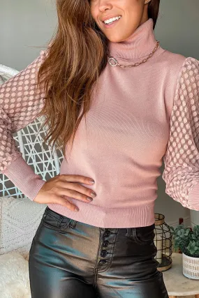 Mauve Turtleneck Top With Mesh Sleeve Detail