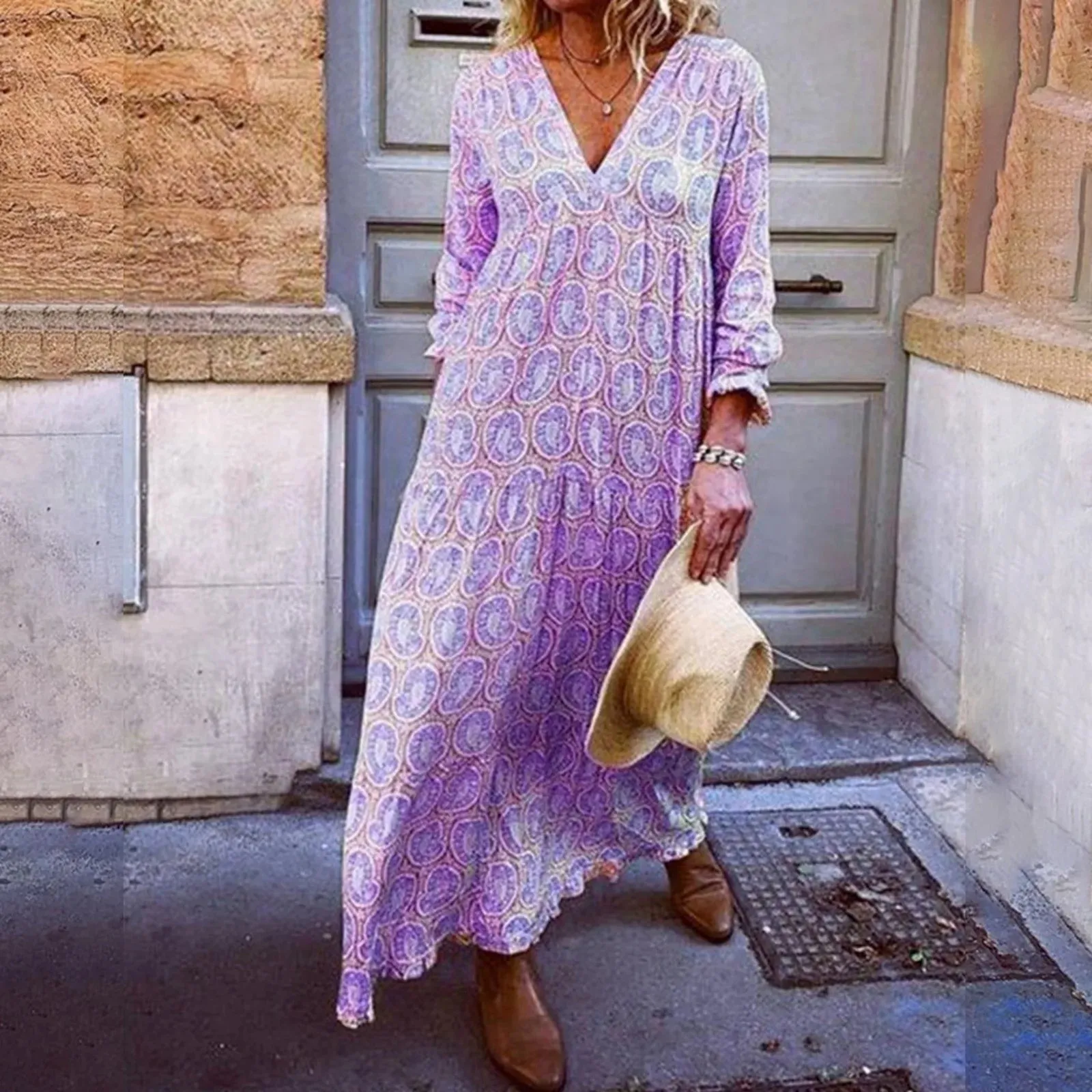 Maxi Loose Geometric Print Vintage Summer Long Casual Boho Dress