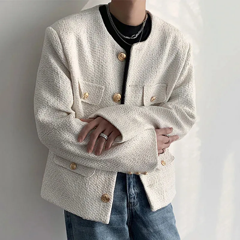 Men Jackets Casual Round Collar Solid Color Pockets Male Short Coats Korean Trendy Men's Clothing Spring 9C4865