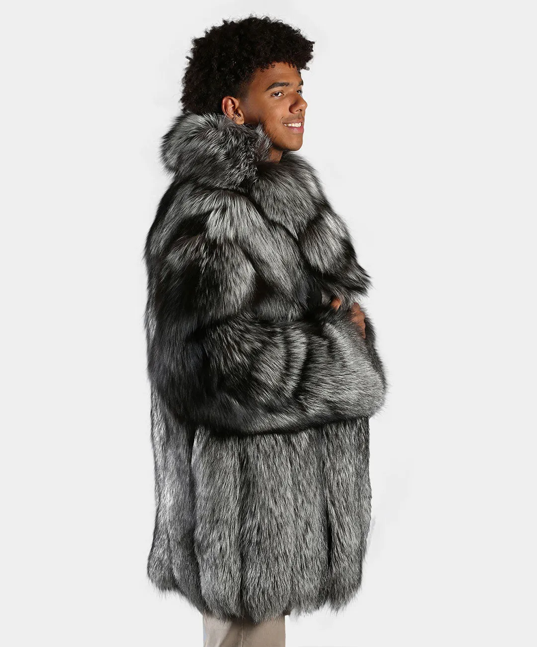 Men's Natural Silver Fox Fur 3/4 Coat