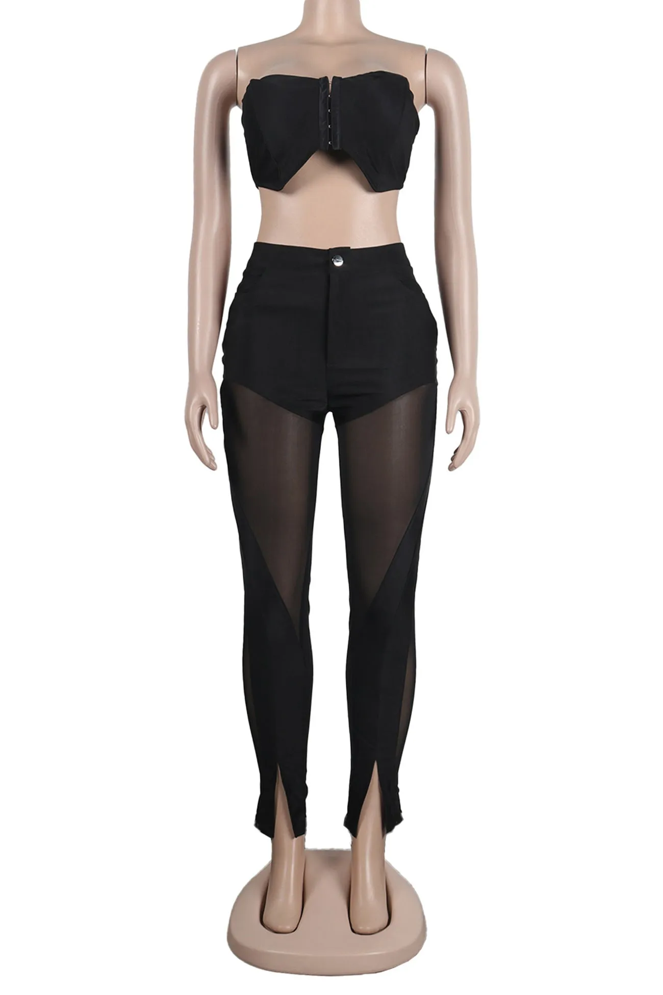 Mesh Strapless Crop Top Pants Suits