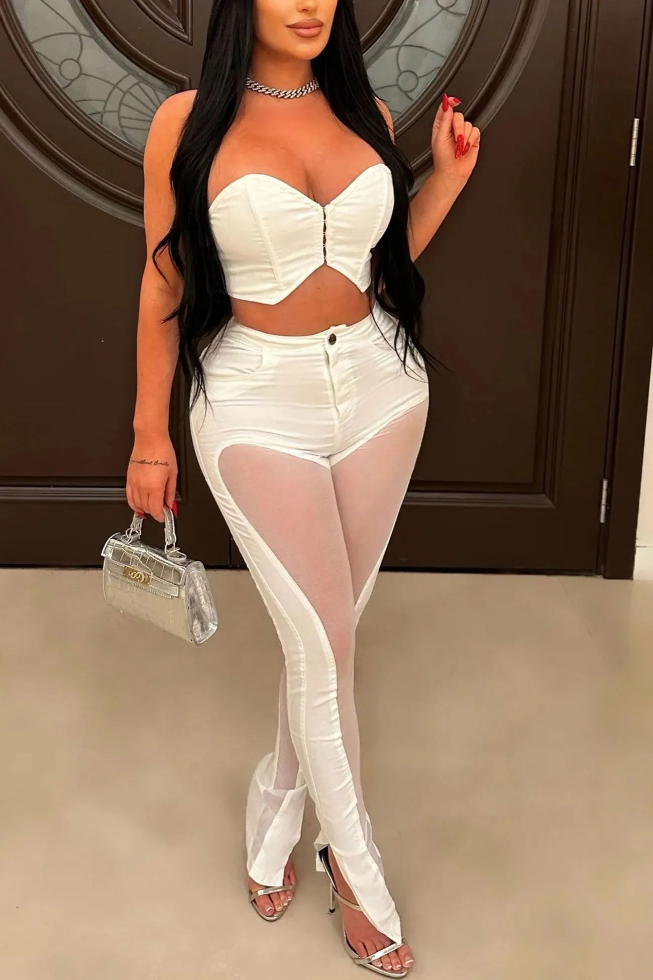 Mesh Strapless Crop Top Pants Suits