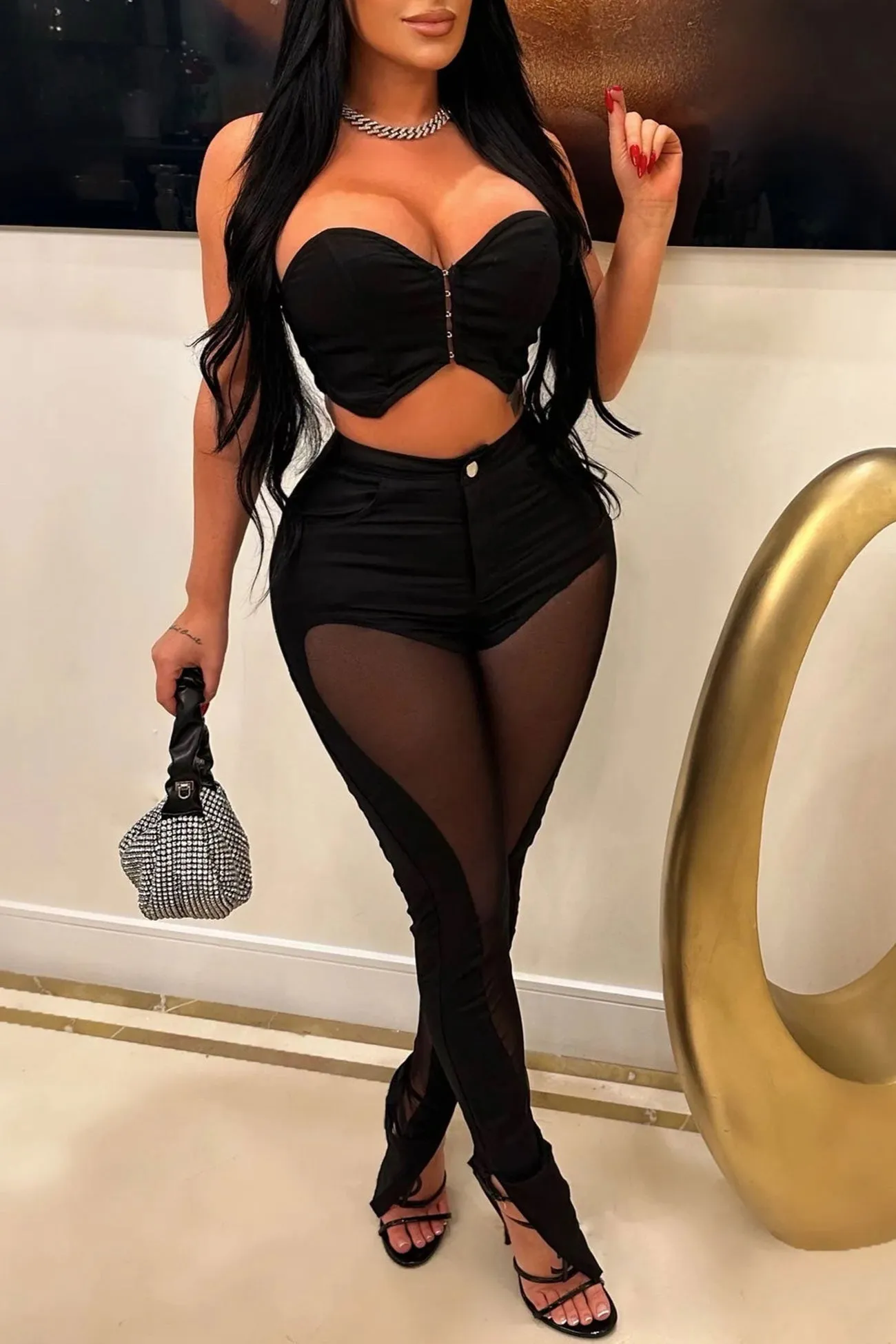 Mesh Strapless Crop Top Pants Suits