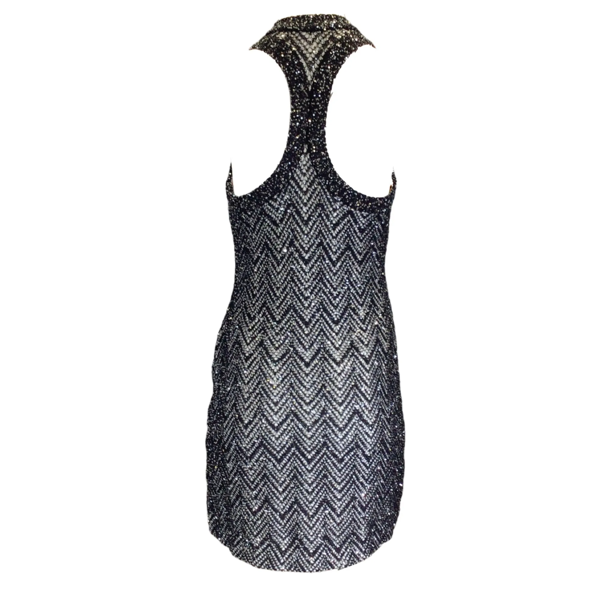 Missoni Black / White / Silver Sequined Racerback V-Neck Sleeveless Knit Dress