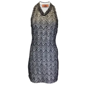 Missoni Black / White / Silver Sequined Racerback V-Neck Sleeveless Knit Dress