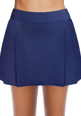 Navy Blue Pleated Side Mid-Waist Swim Skirt