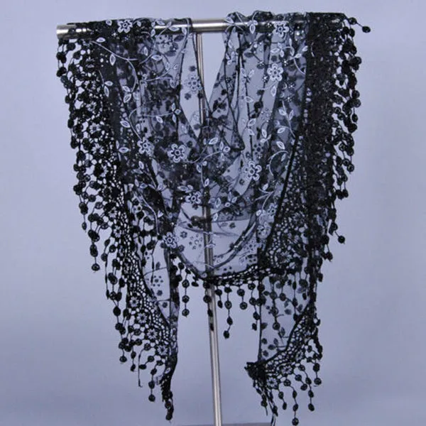 New Brand design Summer Lady Lace Scarf Tassel Sheer Metallic Women Triangle Bandage Floral scarves Shawl L10A5108