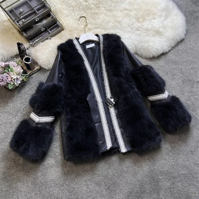 New Fashion Women's Riveting Patchwork Faux Fur Coat Thick Warm Fox Fur Jacket Artificial Fur Overcoat Outwear L 28650