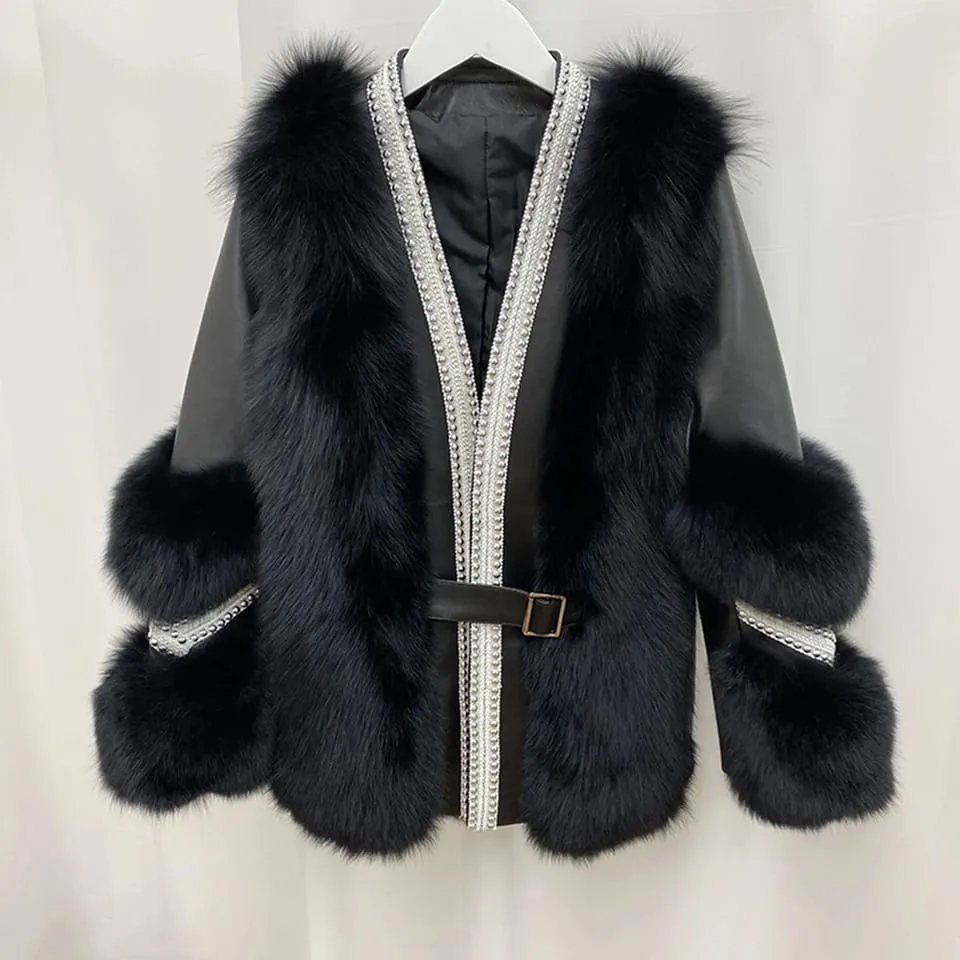 New Fashion Women's Riveting Patchwork Faux Fur Coat Thick Warm Fox Fur Jacket Artificial Fur Overcoat Outwear L 28650