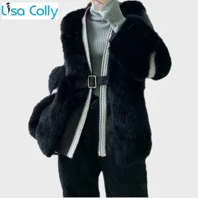 New Fashion Women's Riveting Patchwork Faux Fur Coat Thick Warm Fox Fur Jacket Artificial Fur Overcoat Outwear L 28650