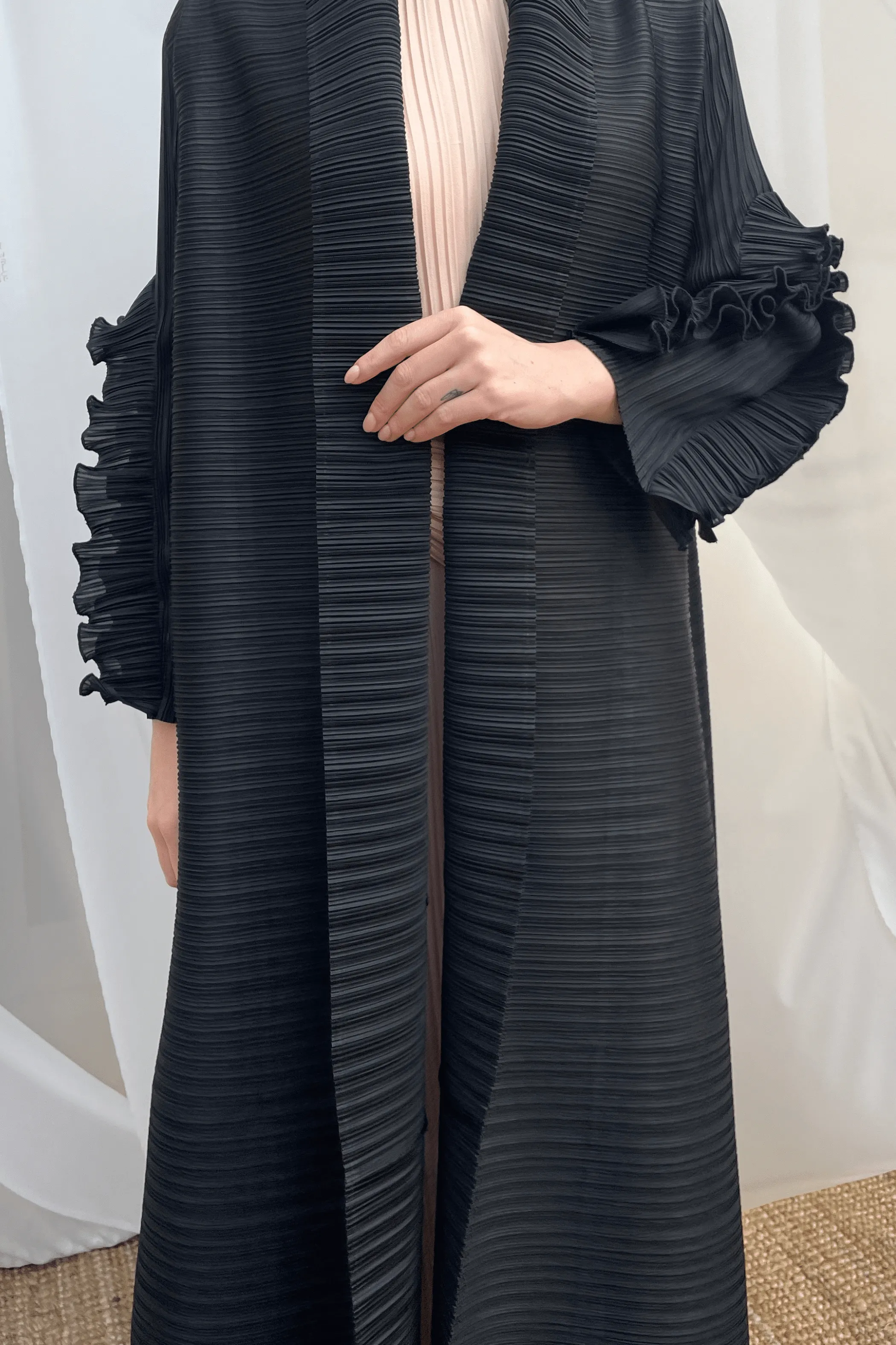 (New)Allisa Ruffle Sleeve Pleated Abaya with Open Front