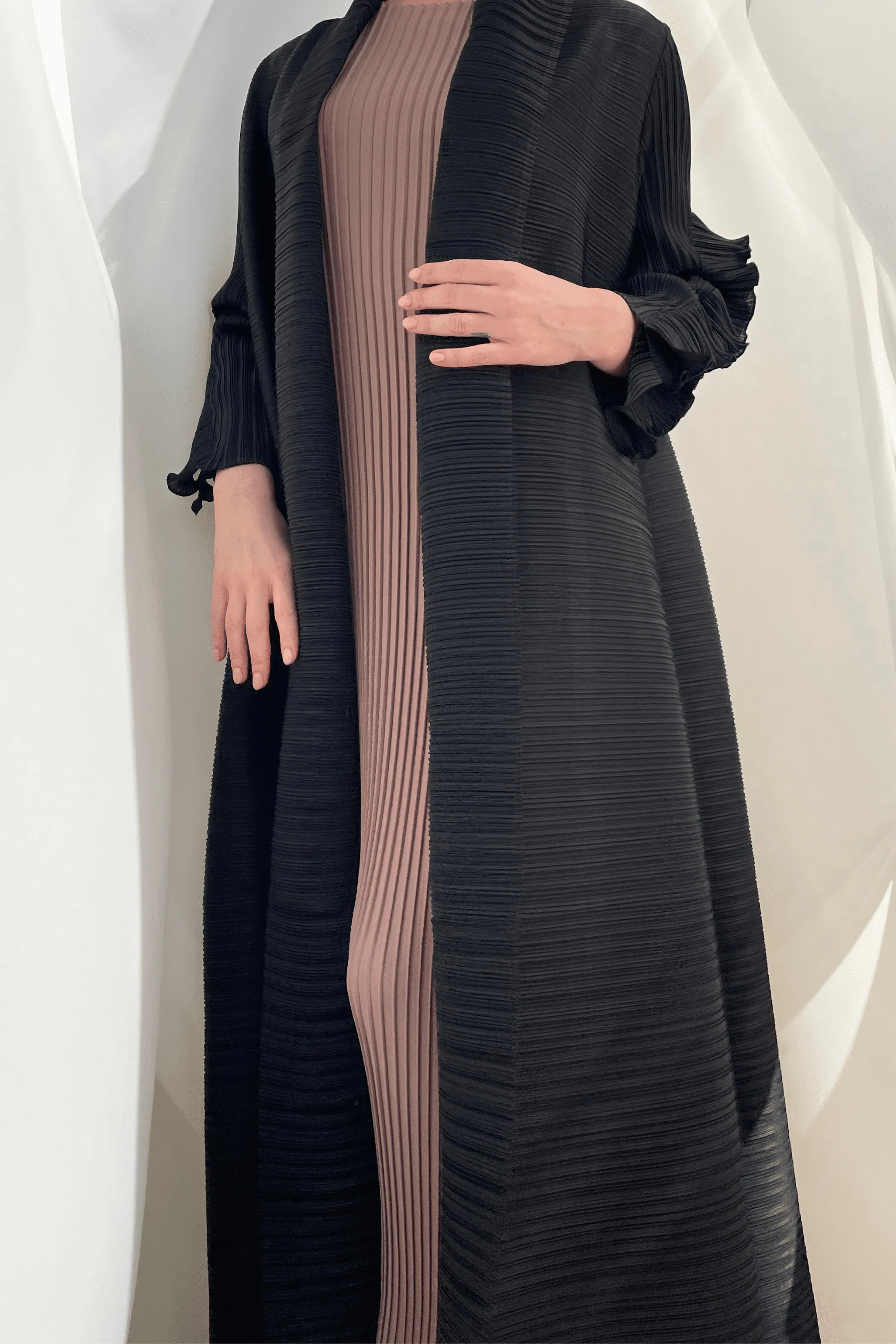 (New)Allisa Ruffle Sleeve Pleated Abaya with Open Front