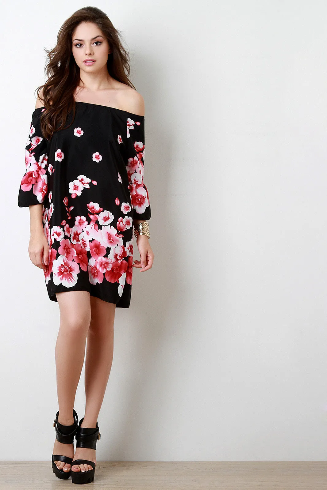 Night Flowers Off The Shoulder Shift Dress