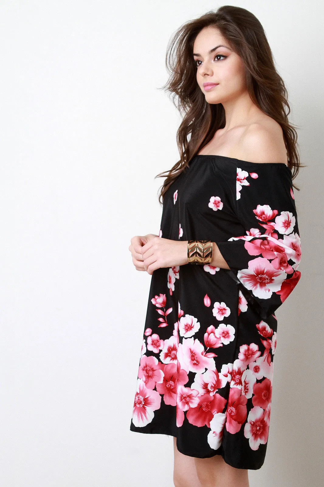 Night Flowers Off The Shoulder Shift Dress