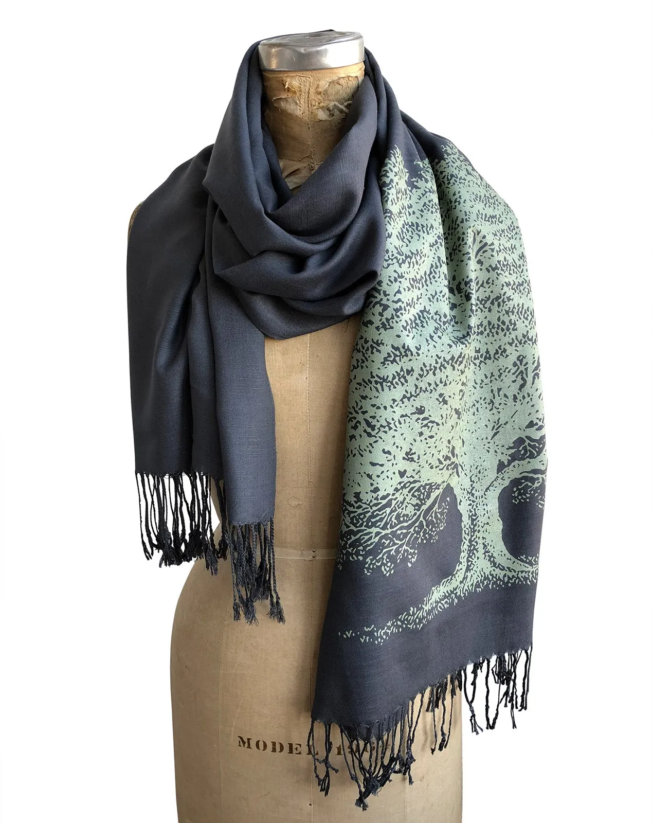 Oak Tree Scarf, Tree Silhouette Linen-Weave Pashmina