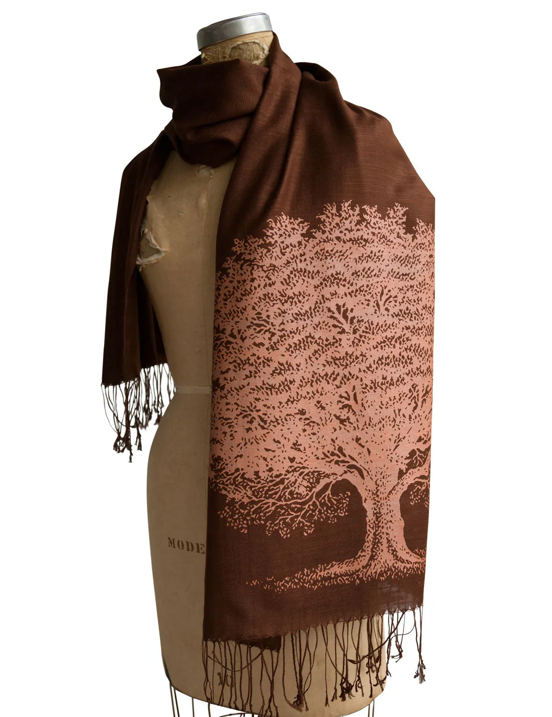 Oak Tree Scarf, Tree Silhouette Linen-Weave Pashmina