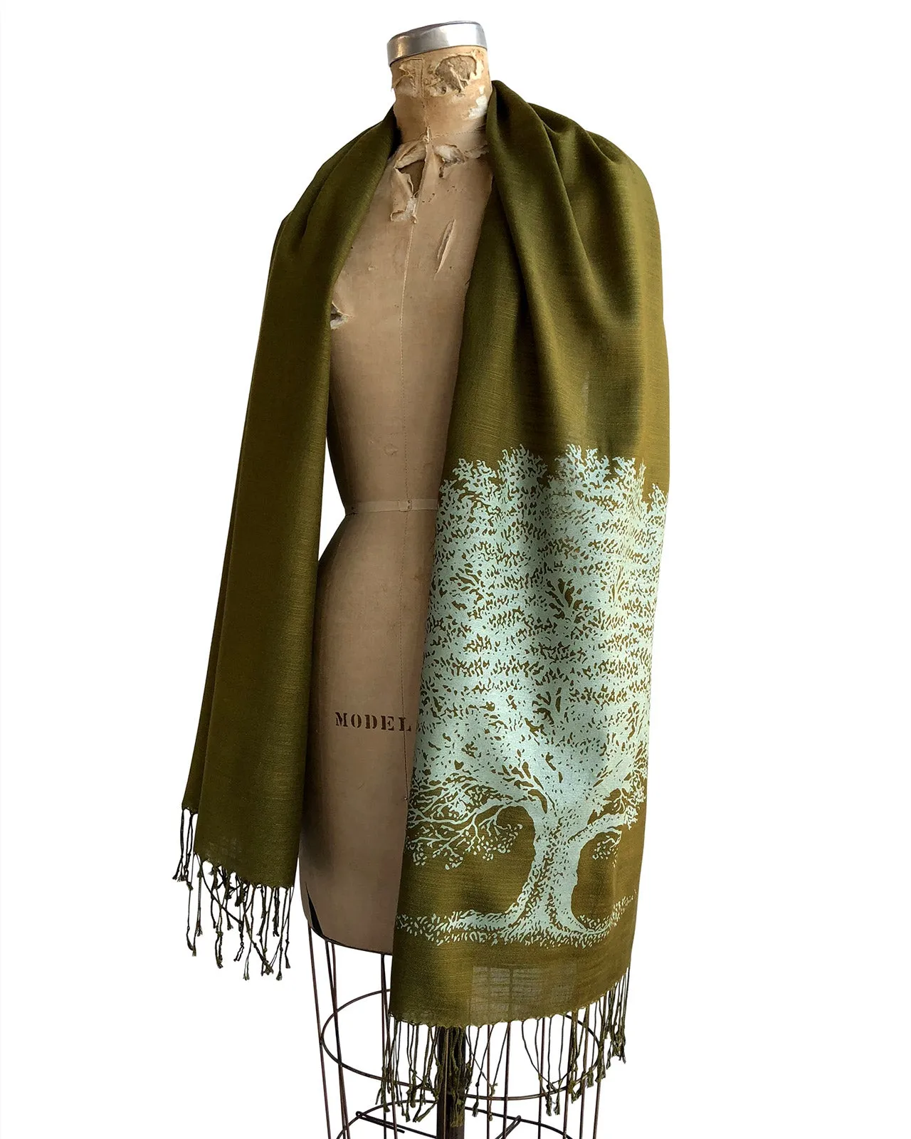 Oak Tree Scarf, Tree Silhouette Linen-Weave Pashmina