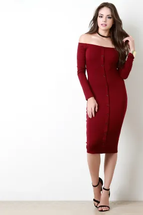 Off The Shoulder Rib Knit Button Accent Dress