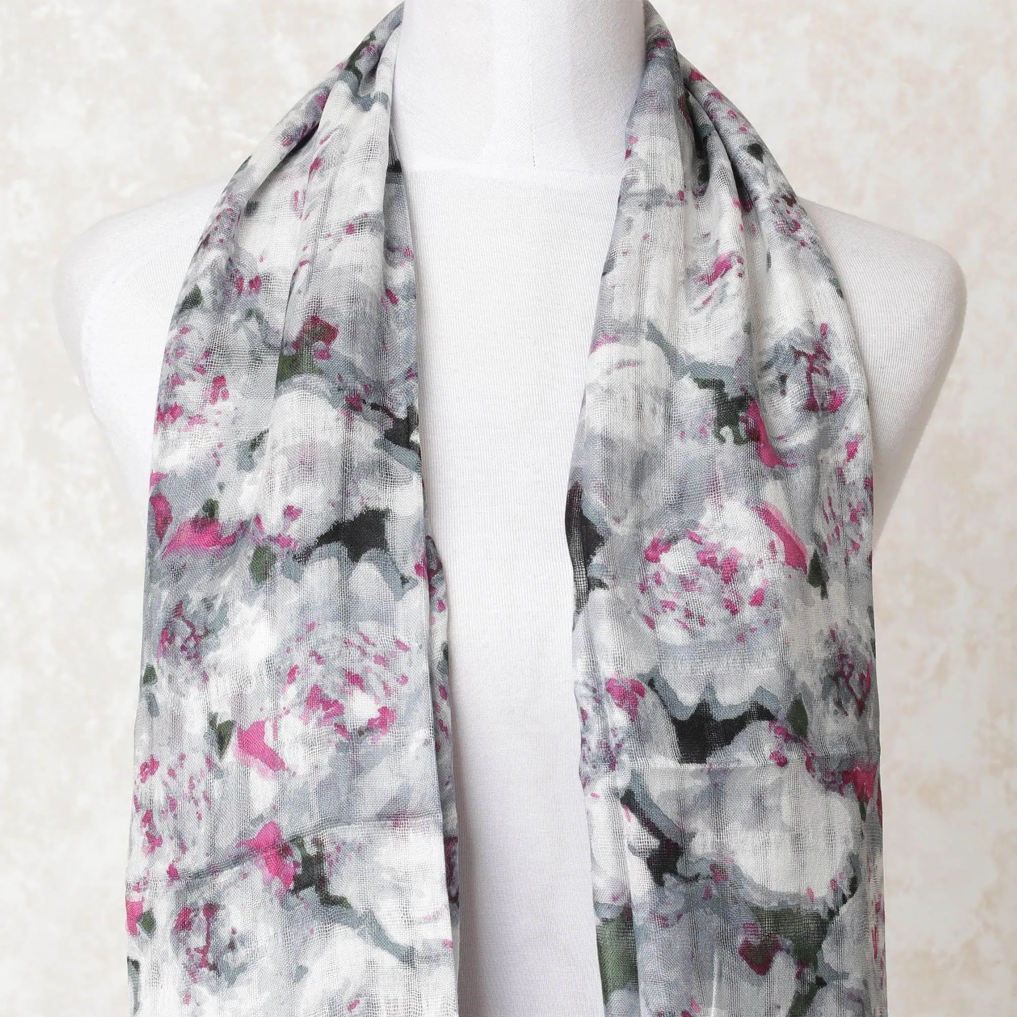 Off white poly cotton scarf with black, forest green and baby pink print in abstract design-D10705