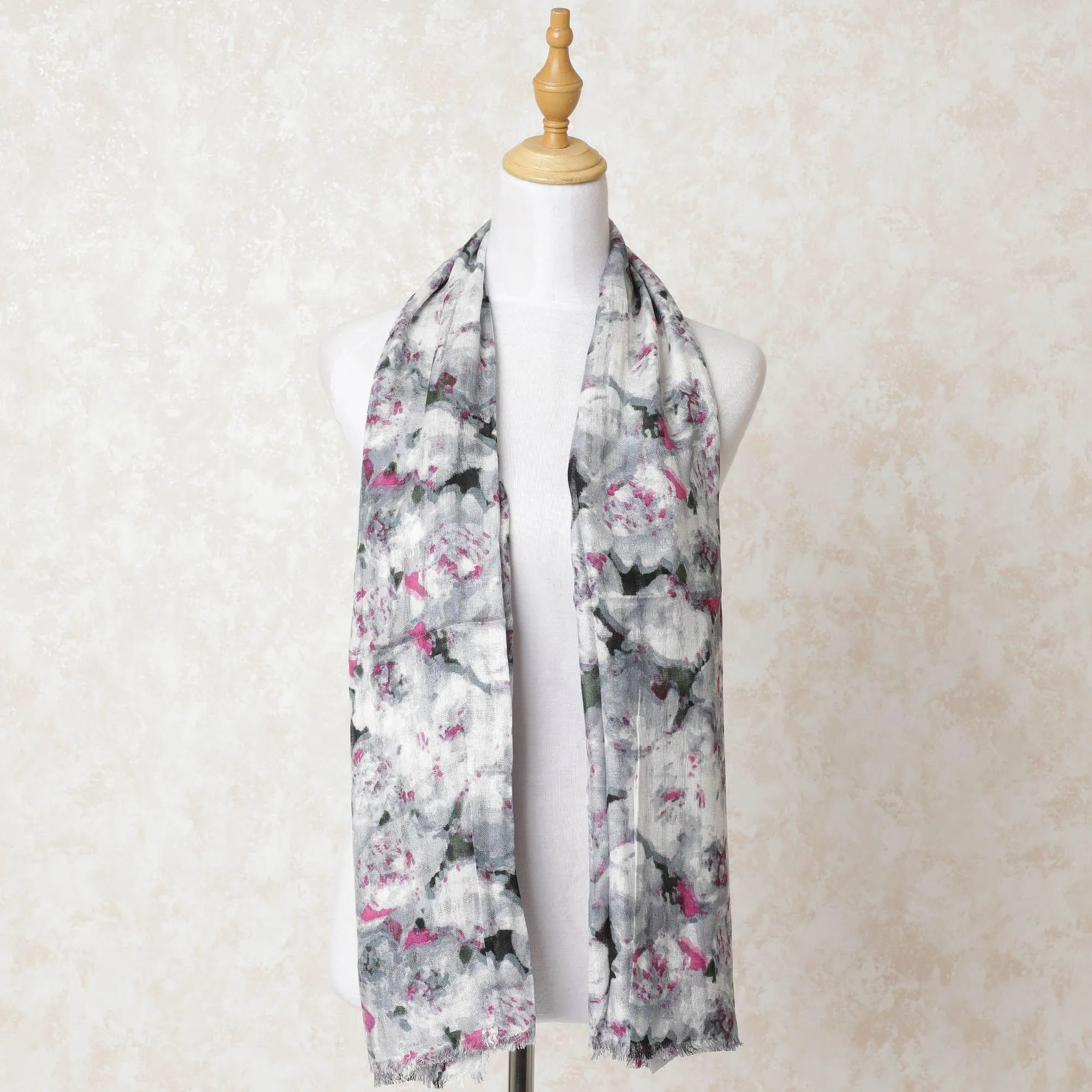 Off white poly cotton scarf with black, forest green and baby pink print in abstract design-D10705