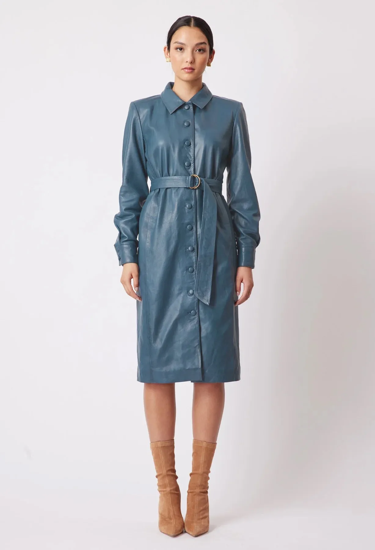 ONCE WAS LOREN LEATHER SHIRT DRESS IN STEEL BLUE