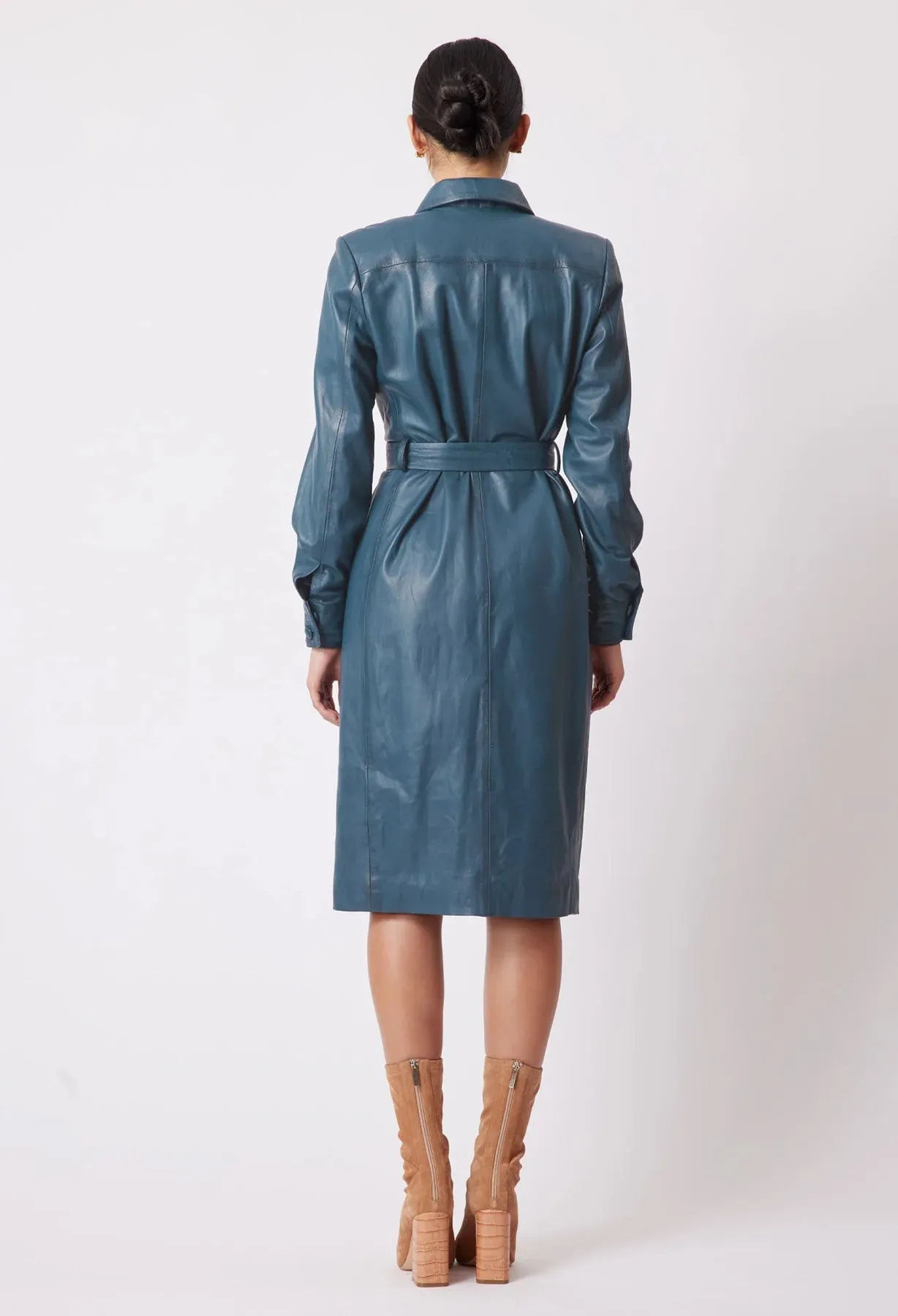 ONCE WAS LOREN LEATHER SHIRT DRESS IN STEEL BLUE