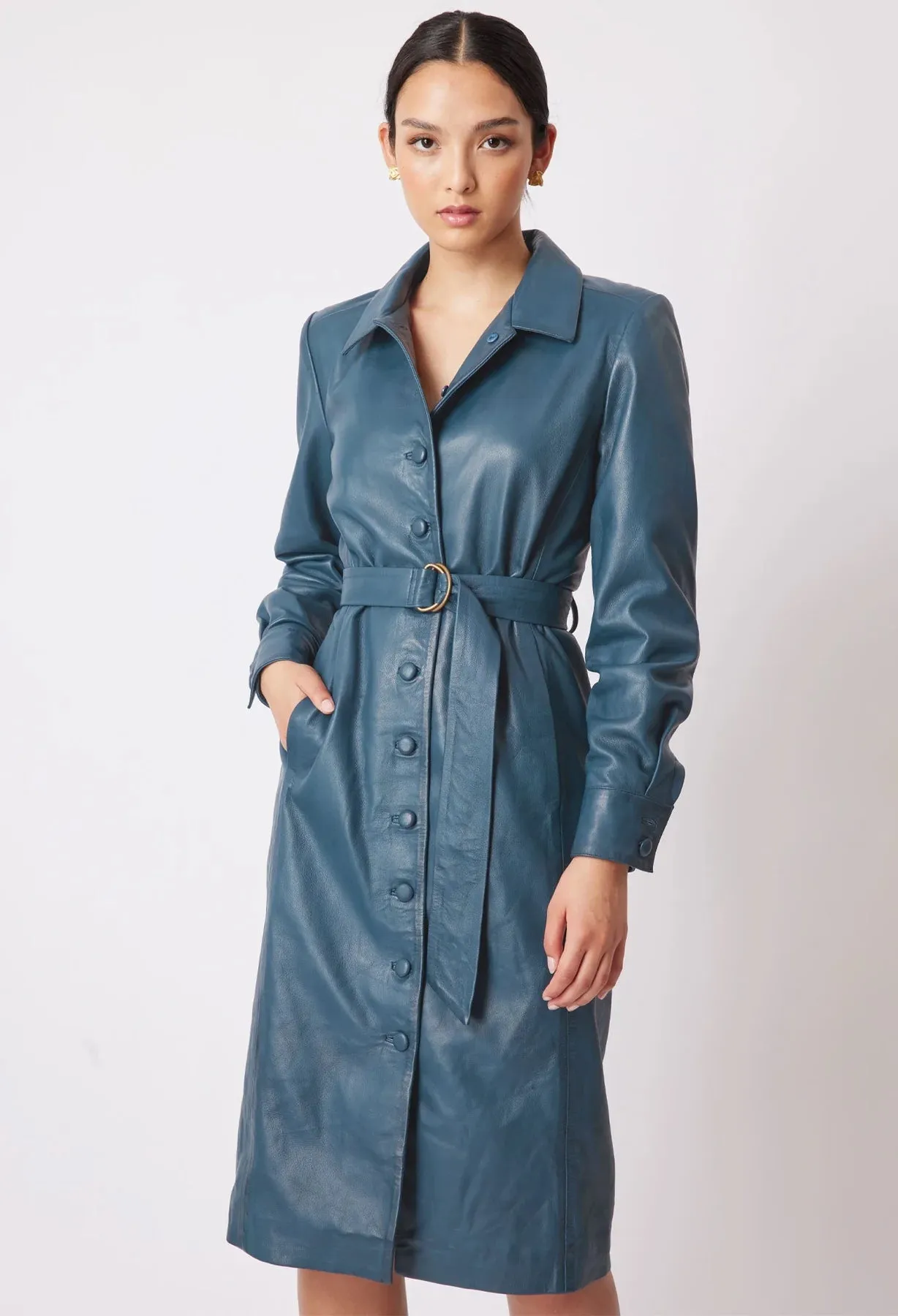 ONCE WAS LOREN LEATHER SHIRT DRESS IN STEEL BLUE