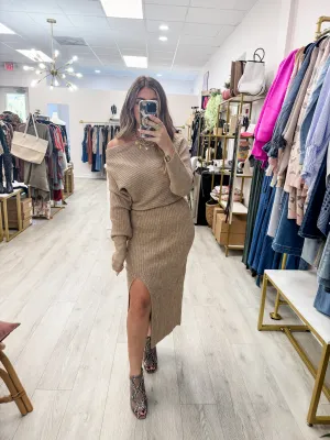 One Shoulder Off Side Slit Midi Sweater Dress