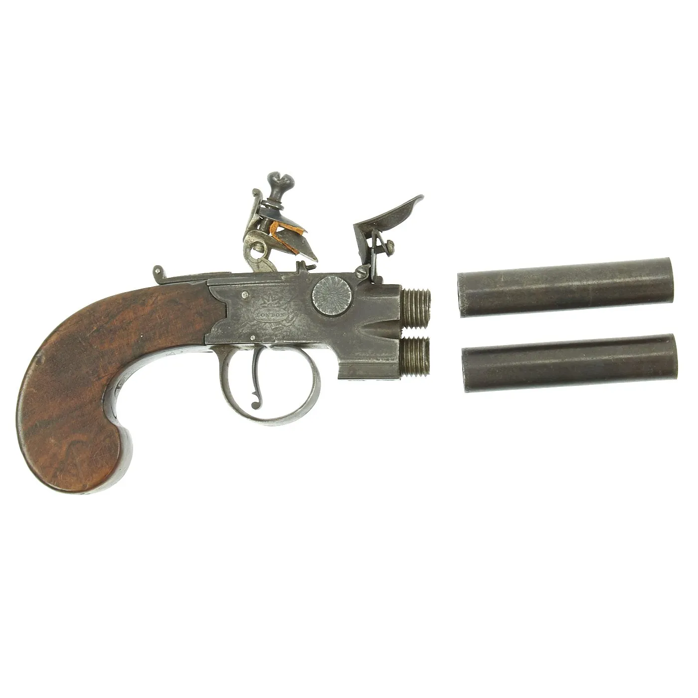 Original British Over & Under Flintlock Double Barrel Tap Action Pistol by Ryan & Watson c. 1770 - 1795