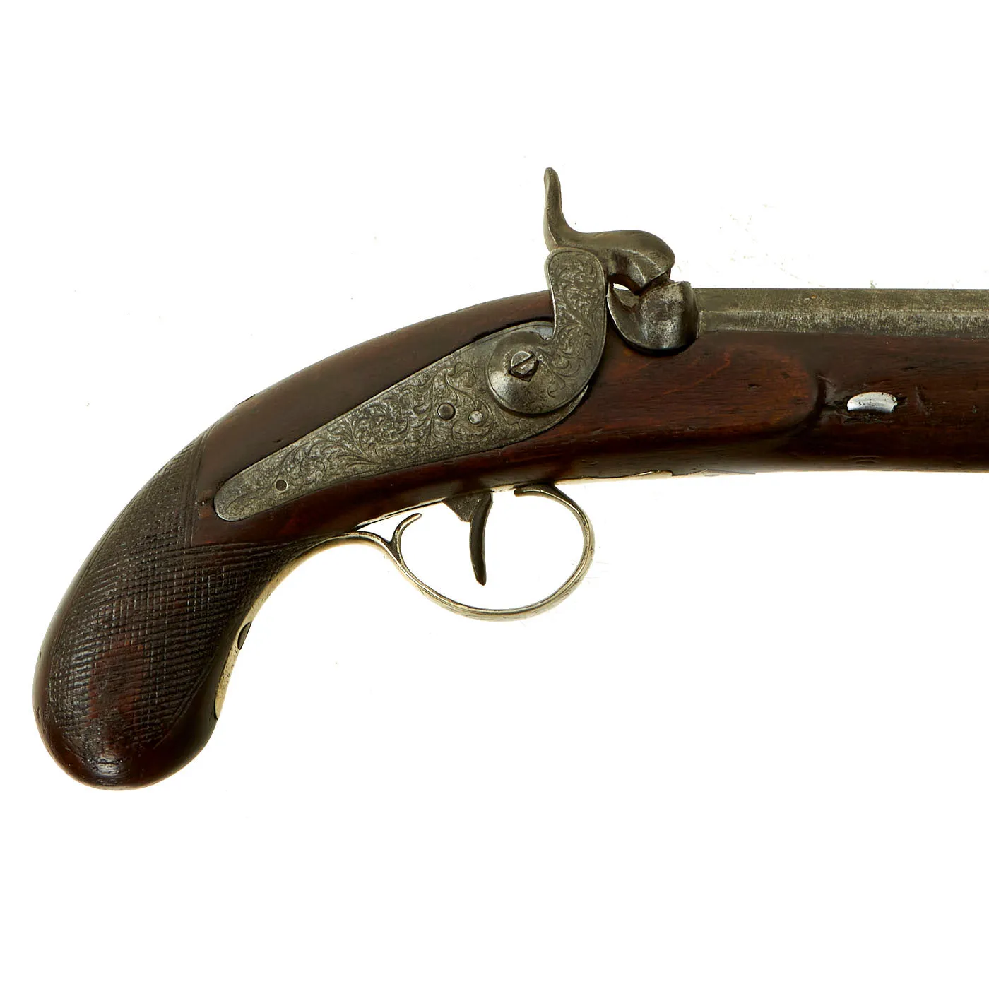 Original French Silver Mounted English Style Percussion Pistol with Huge .75” Man-Stopping Rifled Barrel - circa 1840