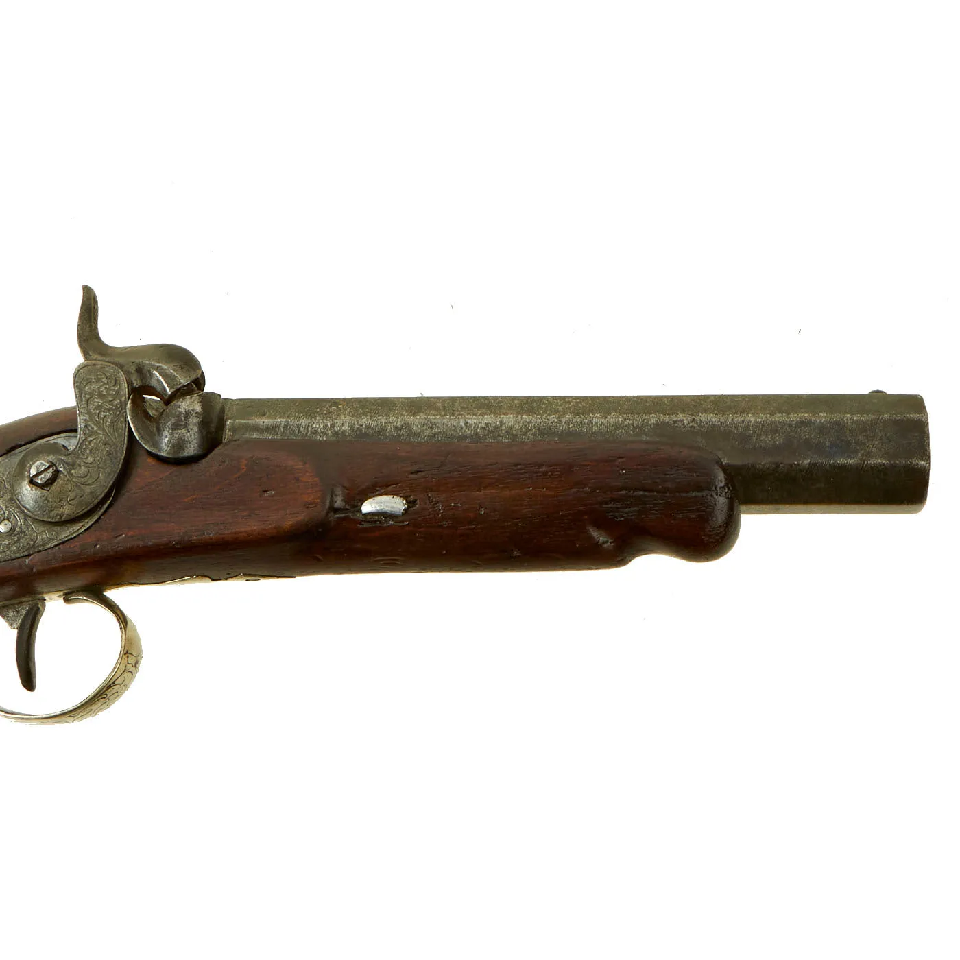 Original French Silver Mounted English Style Percussion Pistol with Huge .75” Man-Stopping Rifled Barrel - circa 1840