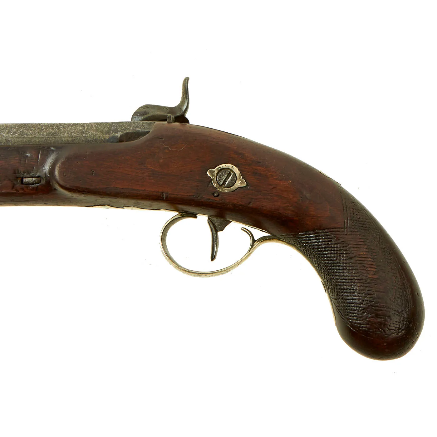 Original French Silver Mounted English Style Percussion Pistol with Huge .75” Man-Stopping Rifled Barrel - circa 1840