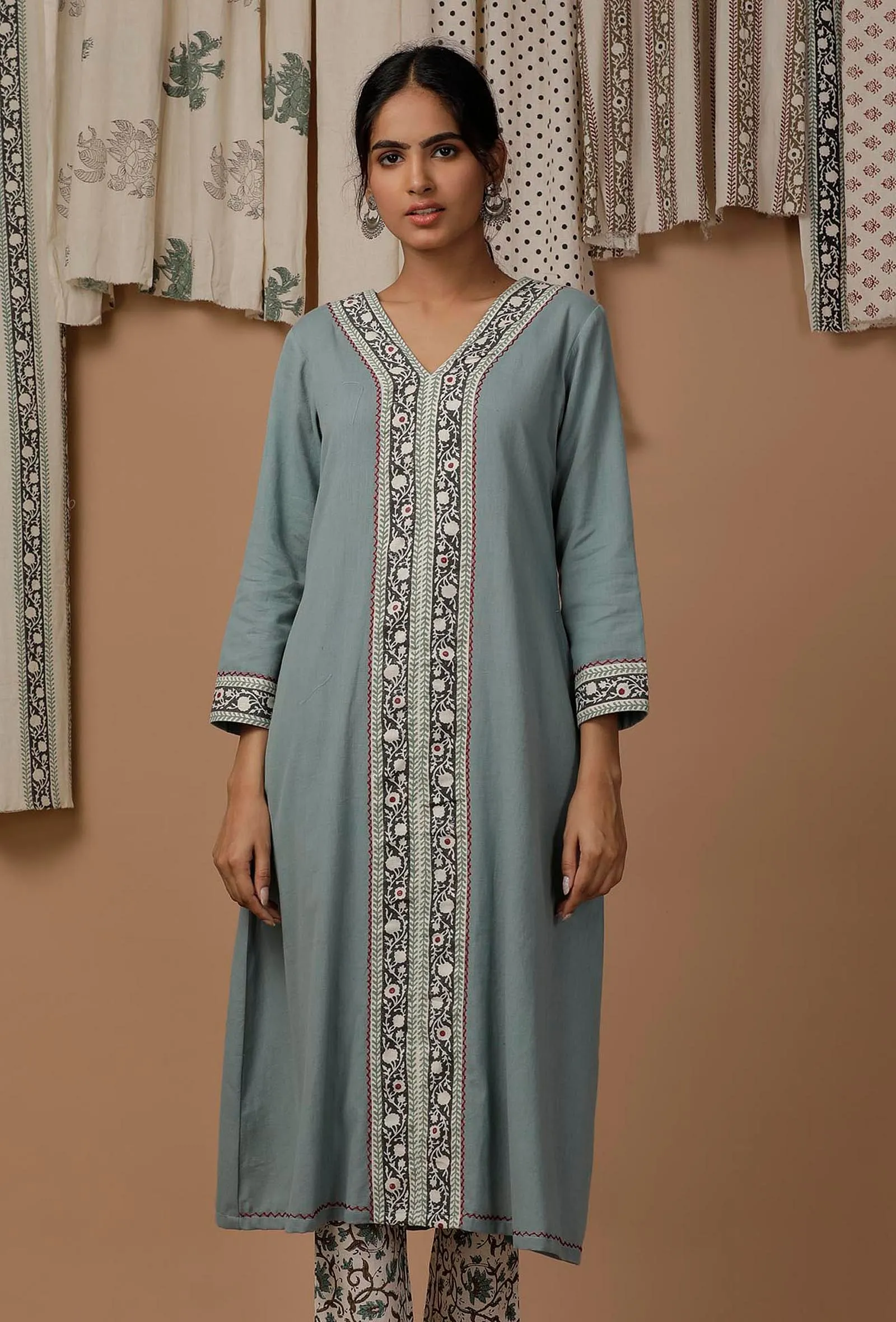 Pastel Blue Handblock Cotton Flex  Kurta