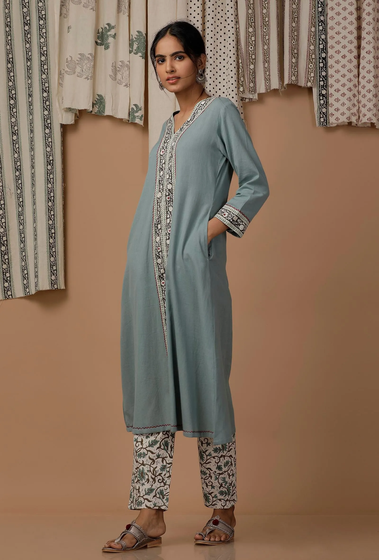 Pastel Blue Handblock Cotton Flex  Kurta