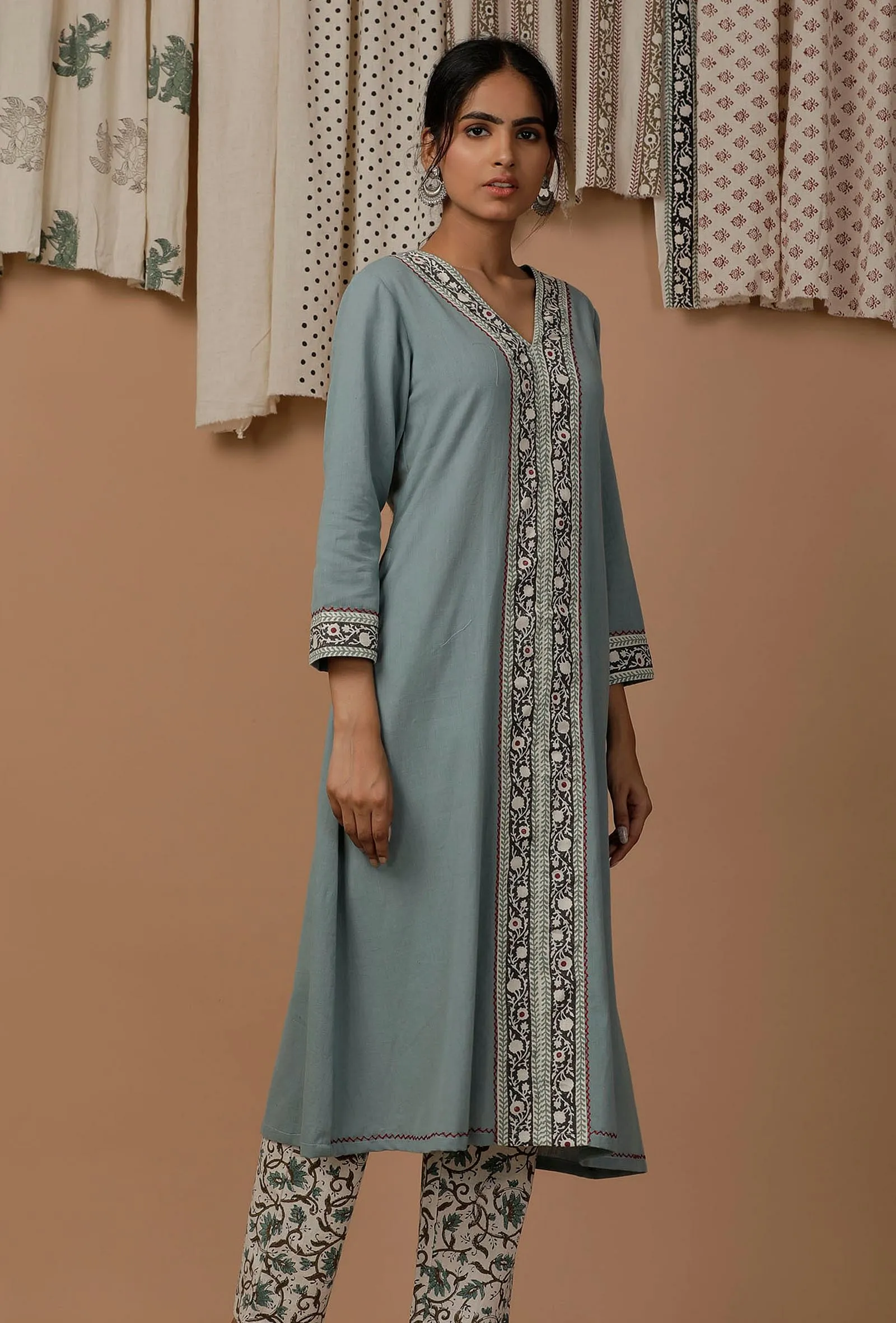 Pastel Blue Handblock Cotton Flex  Kurta