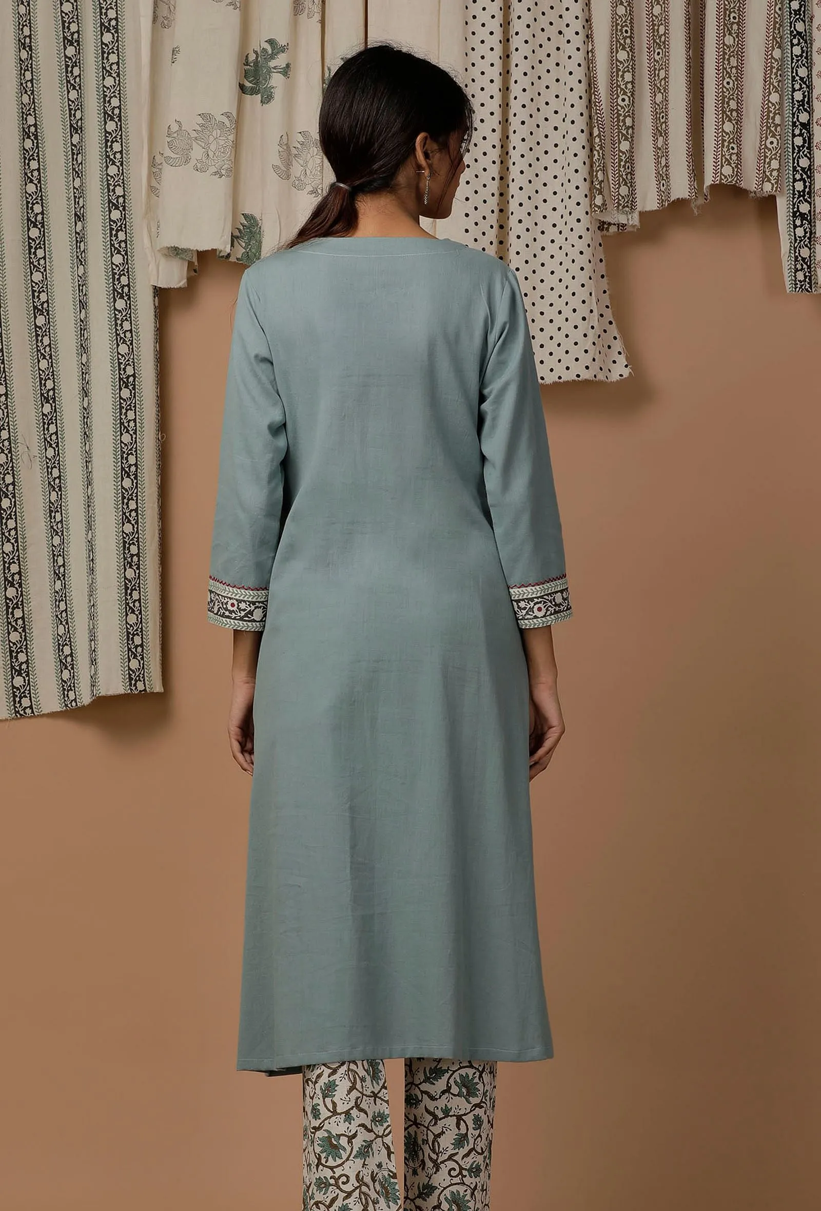 Pastel Blue Handblock Cotton Flex  Kurta