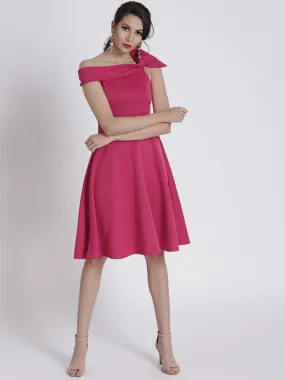 Pink Off Shoulder Side Bow Scuba Dress