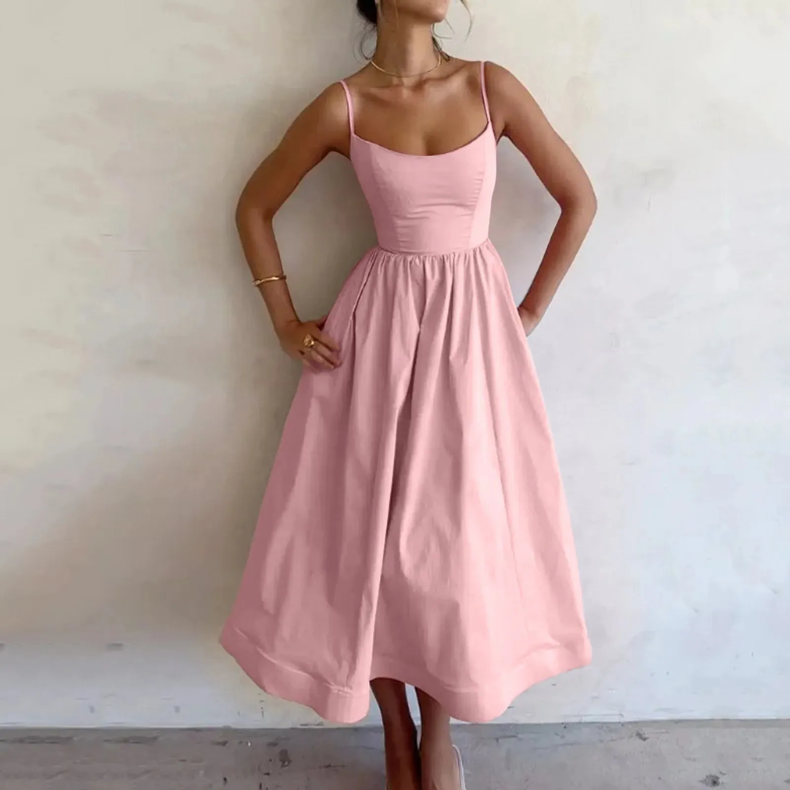 Pink Pleated Strap Solid Sleeveless Midi Casual Elegant Dress