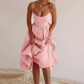 Pink Pleated Strap Solid Sleeveless Midi Casual Elegant Dress