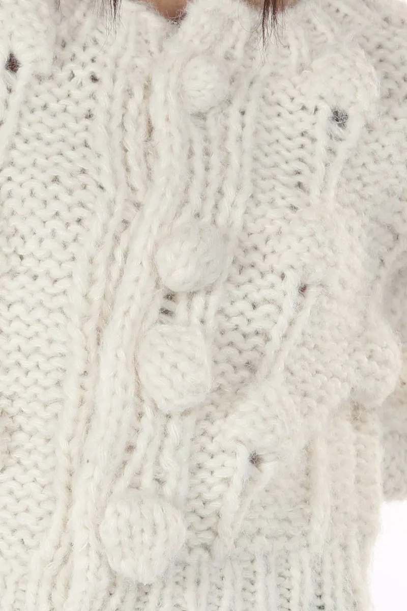 Pom Pom Cable Knit Cardigan | White