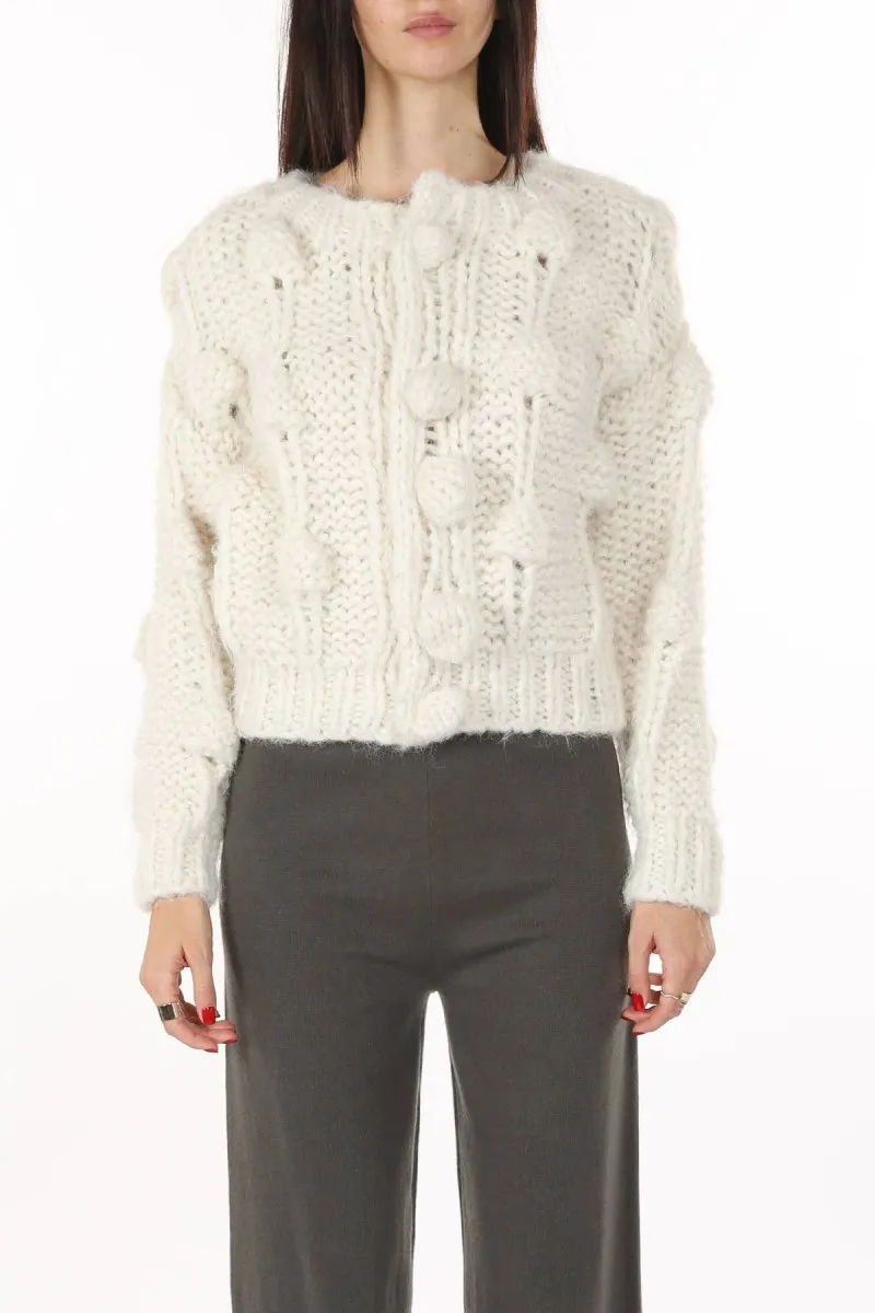 Pom Pom Cable Knit Cardigan | White