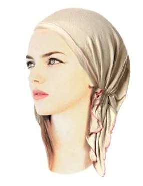 Pre-tied Head-scarf Tichel Soft Cotton Boho Chic ShariRose Decorative Over-Lock Collection (Beige Pink Short - 336)