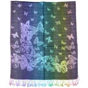 Rainbow Stripe Butterfly Print Pashmina with Tassels